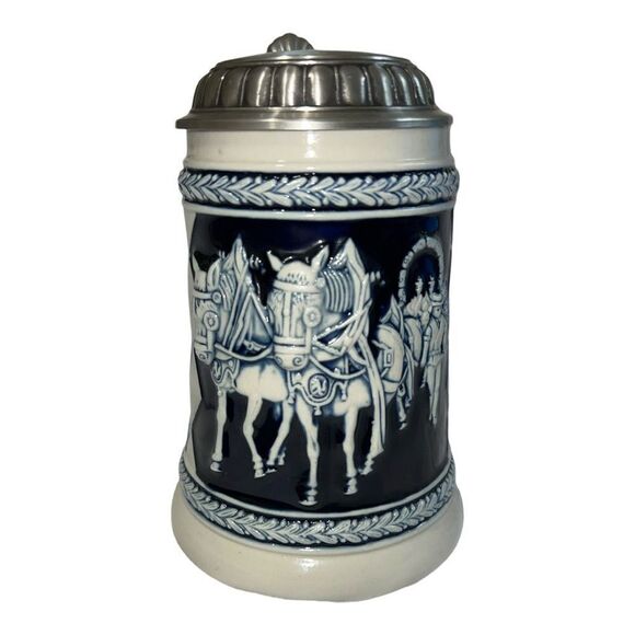 Gerz  blue and grey diamond pattern with pioneers horse drawn carriage stein - Picture 5 of 5